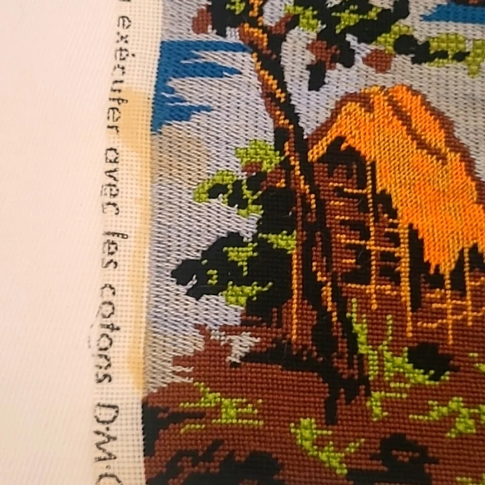 2 French Tapestries Needlepoint Vintage Handmade on Cotton Asian Style Design